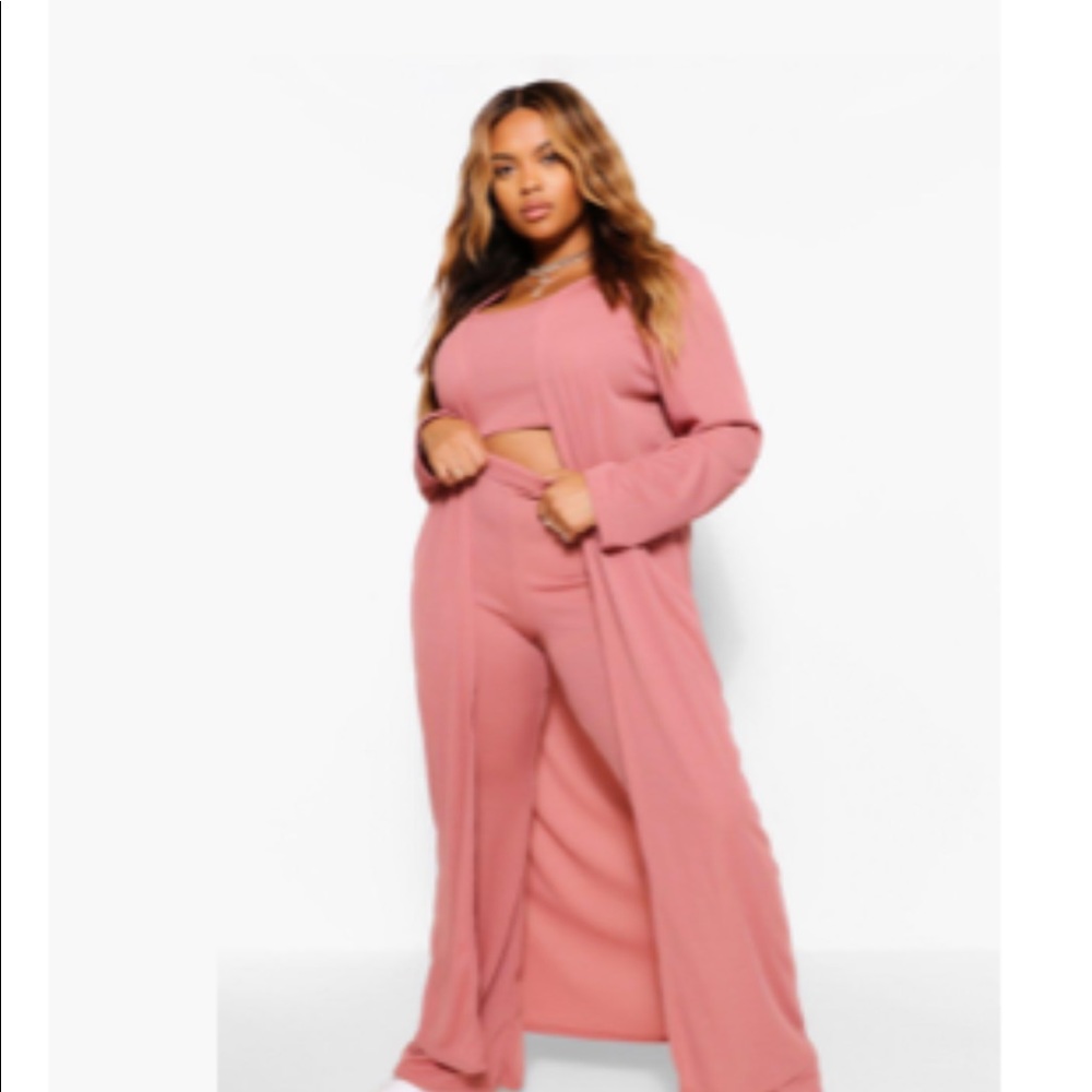 Plus Rib Knit Longline Cardigan & Wide Leg Trousers